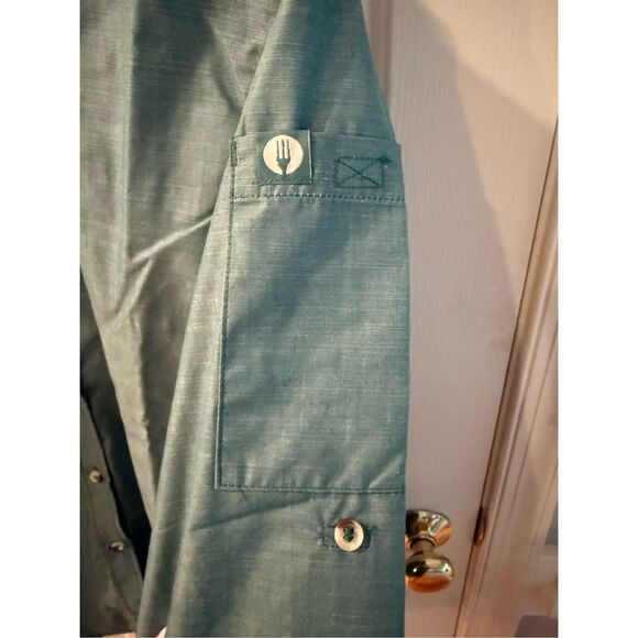 Chef Works Teal Green Long Toll Tab Sleeve Shoulder Pocket Button Down Shirt XL - Picture 4 of 7